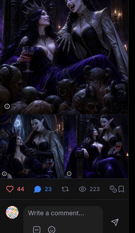 Social media post collage of dark fantasy art showing two regal vampire women in a gothic demon c...
