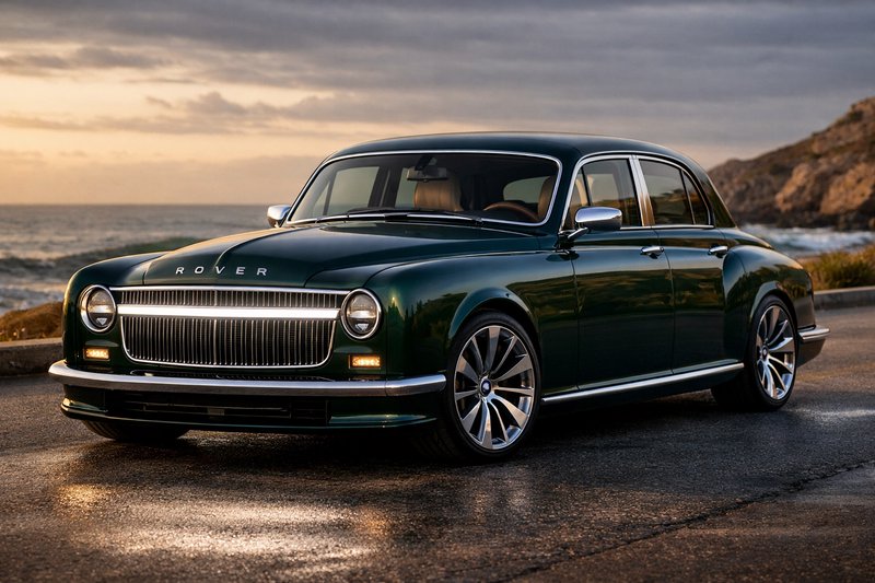 Dark green classic Rover P5B sedan parked on a coastal road at sunset.