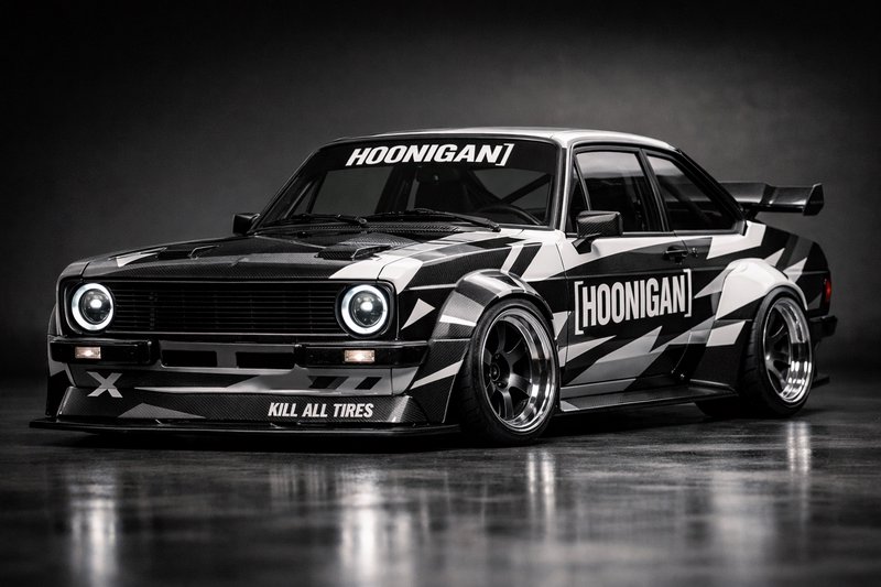 Black and white Hoonigan race car with bold geometric graphics and widebody wings.
