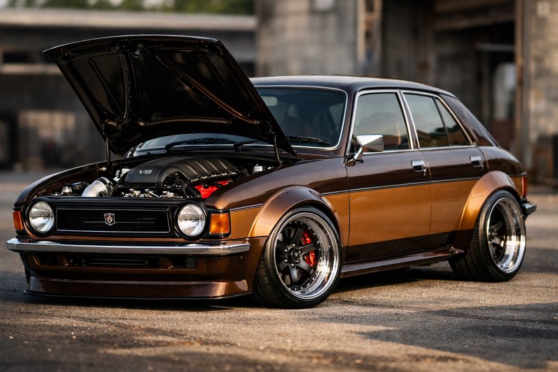 Brown vintage sedan with its hood open, showing a polished engine and custom wheels.