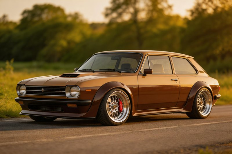 Classic brown vintage hatchback with widebody fenders and aftermarket wheels on a rural road at s...
