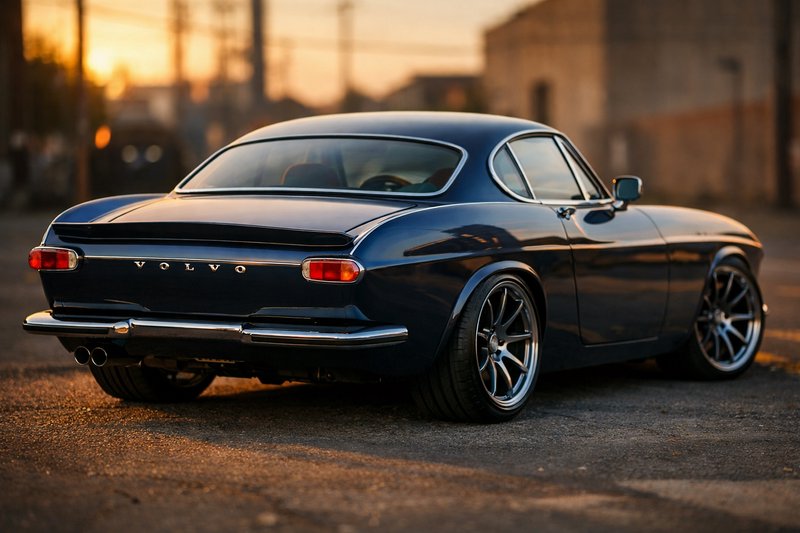 Blue vintage Volvo sports coupe parked on a street at sunset