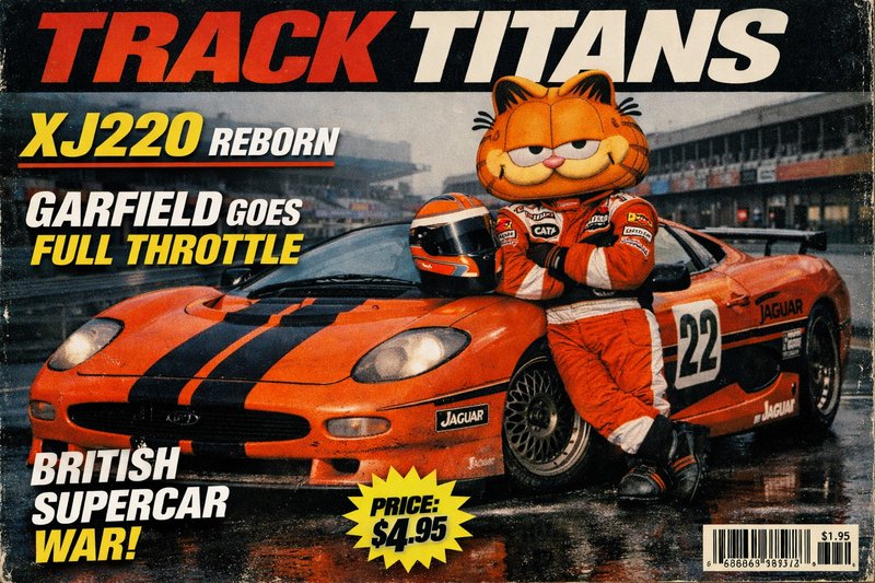 Vintage magazine cover showing a red Jaguar XJ220 race car with Garfield mascot leaning on it