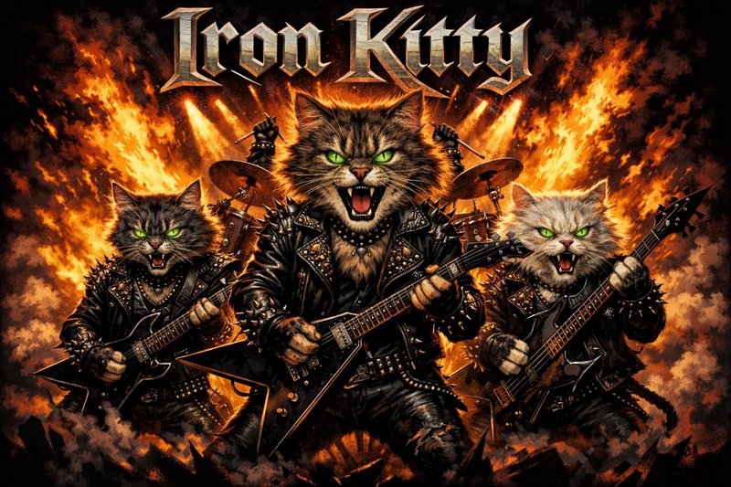 Three angry cats in leather jackets shredding guitars amid fiery flames for "Iron Kitty" band art...
