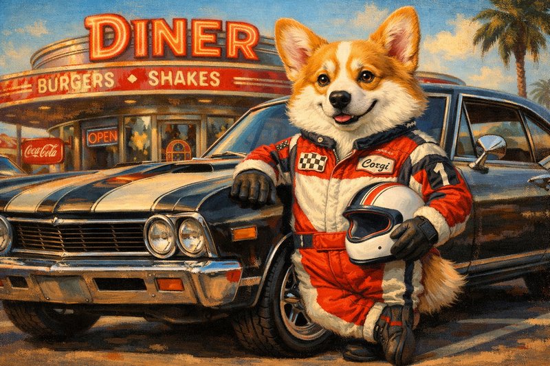 Corgi in a racing suit leaning on a classic car in front of a retro diner