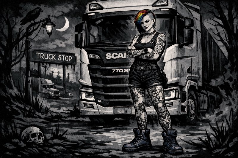 Tattooed punk woman with rainbow mohawk beside a truck at night in a dark forest.
