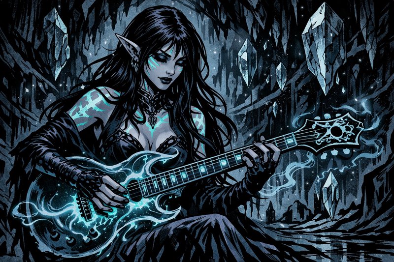 Fantasy elf woman with long black hair playing a glowing, crystal-infused electric guitar in a da...