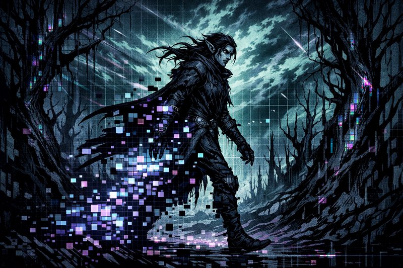 Dark hooded elf rogue walking through a glitchy, neon-lit forest.
