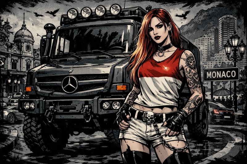 Stylized illustration of a tattooed woman in a red-and-white top standing beside a large off-road...