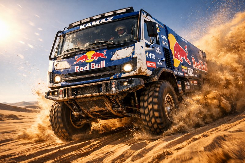 Blue KAMAZ Red Bull rally truck kicking up desert dust in a Dakar-style off-road race.