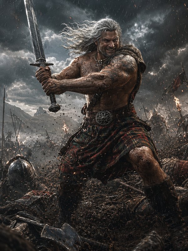 Warrior with long silver hair wielding a sword in a chaotic battlefield