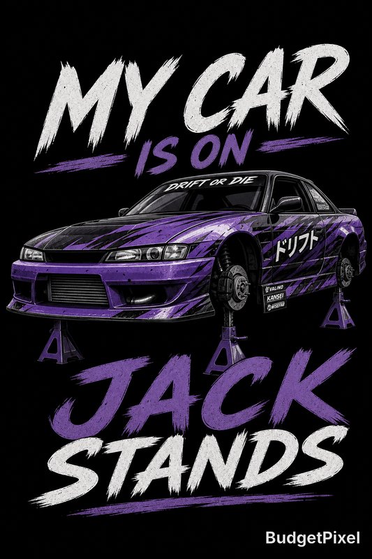 A black background featuring a purple-detailed drift car on jack stands with bold white and purpl...
