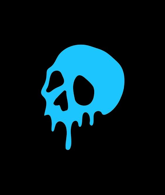 Bright cyan dripping side profile skull silhouette against a solid black background