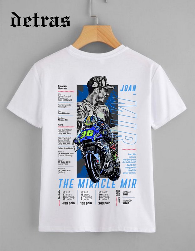 White graphic t-shirt on wooden hanger, featuring a printed Joan Mir MotoGP racer career tribute ...