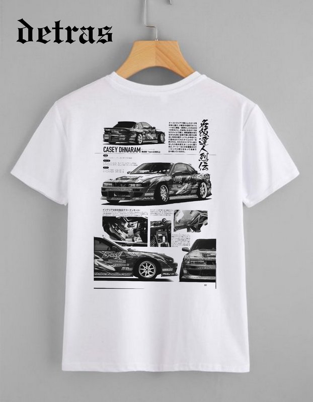 White graphic t-shirt hung on a wooden hanger, featuring a monochrome JDM drift car magazine-styl...