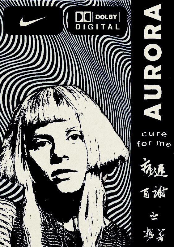 [Monochrome op art poster of singer Aurora, "Cure For Me" track art with wavy striped background, text and brand accent de...