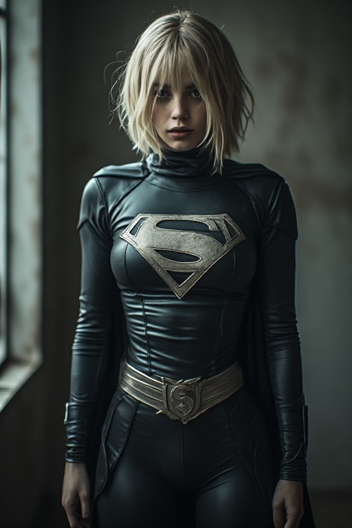 [Blonde alternate Supergirl in a black leather superhero suit stands in a dim moody interior, looking directly at the came...