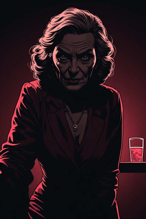 [Dramatic low-light portrait of a stern menacing older woman, lit with harsh red rim lighting, staring intently at the vie...