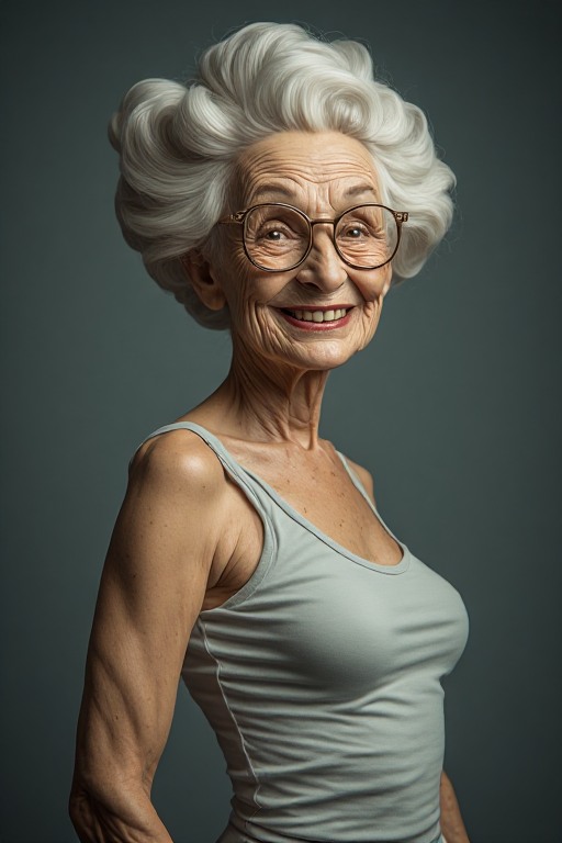 [Joyful senior woman with voluminous white hair and round glasses smiles warmly in a studio portrait against a muted gray ...
