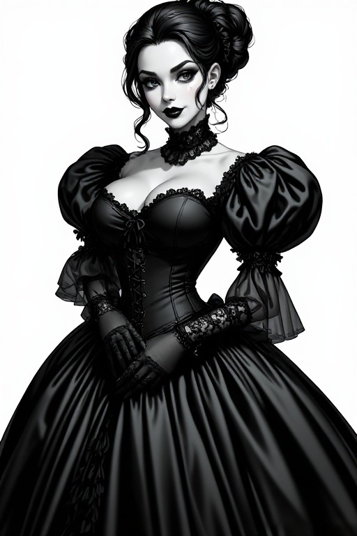 Elegant gothic woman in a detailed black Victorian ball gown against a plain white background