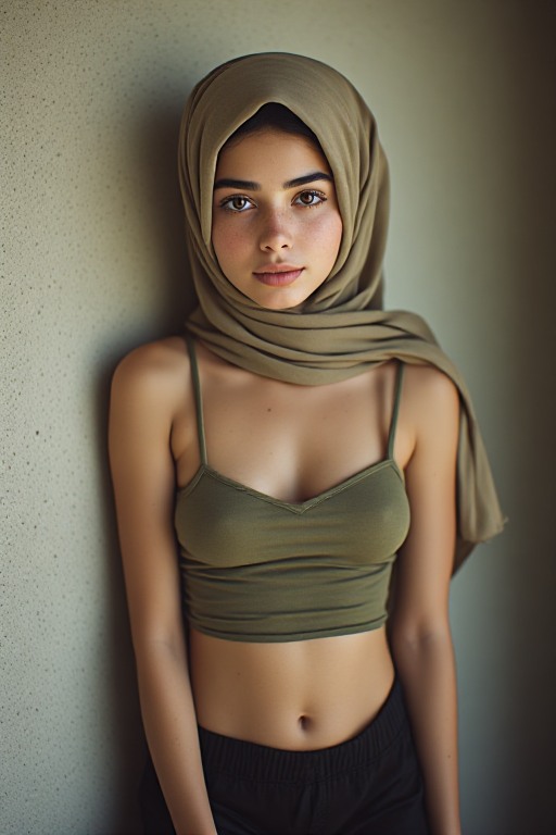 Young woman wearing a draped taupe headscarf and olive crop top gazes directly at the camera against a textured wall