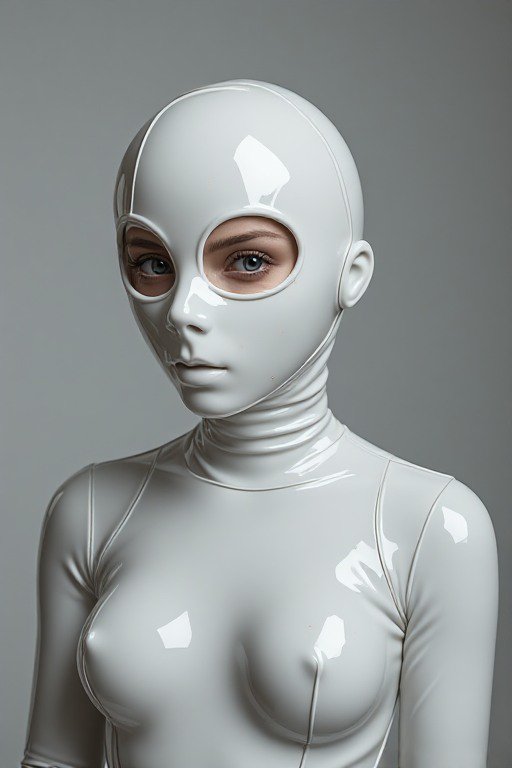 Close-up portrait of a figure in a glossy white futuristic bodysuit and mask, with only bright blue eyes visible against a...
