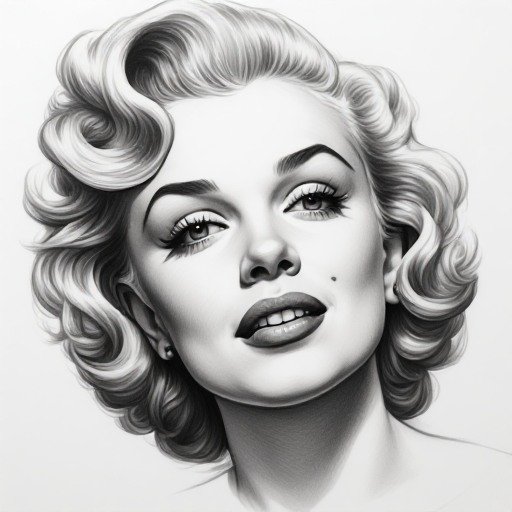 Realistic monochrome pencil sketch portrait of Marilyn Monroe, showing her iconic curled vintage hairstyle and