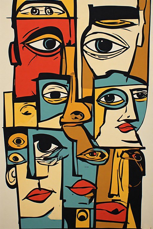 [Bold cubist abstract artwork of overlapping fragmented human faces, outlined in thick black lines with a vibrant saturate...