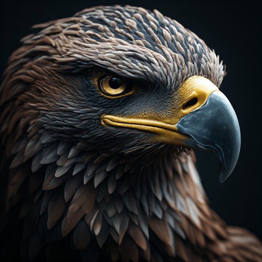 Close-up portrait of a regal golden eagle with an intense stoic gaze, detailed plumage, against a solid dark black backgro...