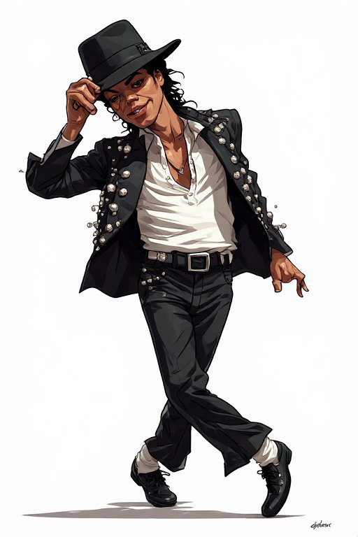 [Caricature illustration of Michael Jackson tipping his black fedora while striking a signature dance pose against a plain...