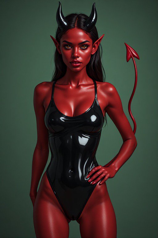 Glossy red-skinned demon woman with horns, tail, and black latex swimsuit posed against muted gre...