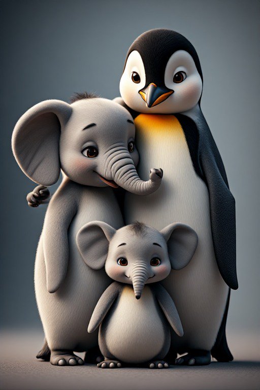 Whimsical fluffy 3D illustration of a loving cross-species family: elephant, penguin, and their h...