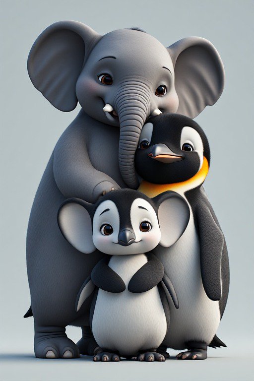 3D rendered cute cartoon group: baby elephant, king penguin, and elephant-penguin hybrid chick hu...