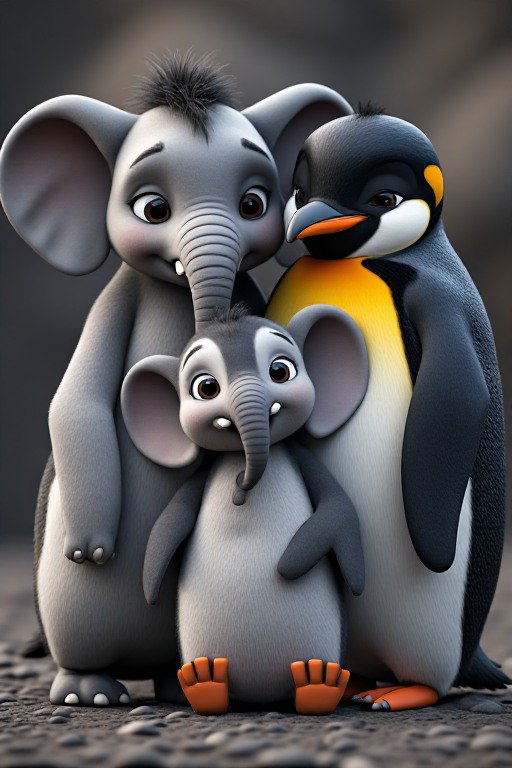 Cute 3D rendered fantasy animal family of an elephant, king penguin, and their hybrid baby snuggl...