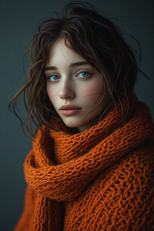 Close-up portrait of young woman with tousled brown hair, bright blue eyes, wrapped in a thick orange knit scarf against a...
