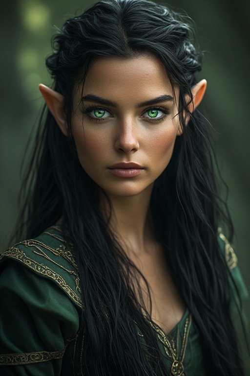Close-up portrait of a regal elven woman with pointed ears, bright green eyes, and long braided b...