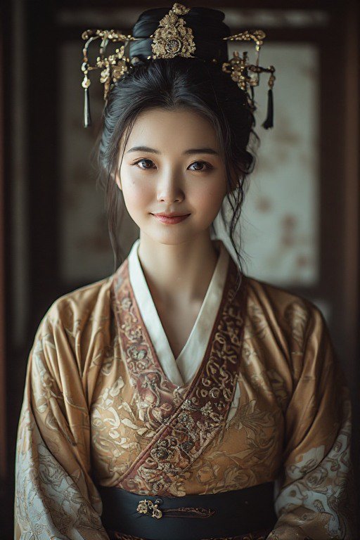 Portrait of graceful young East Asian woman in traditional hanfu, wearing ornate gilded hair acce...