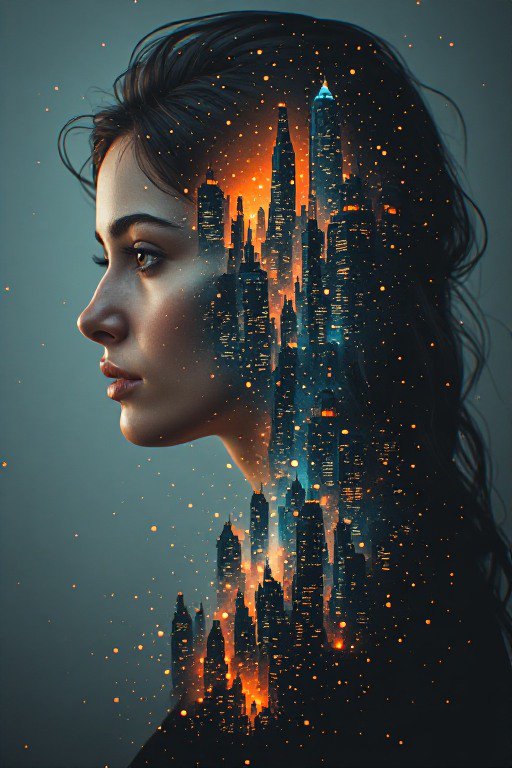 Double exposure side profile portrait of a woman merged with a glowing lit night city skyline.