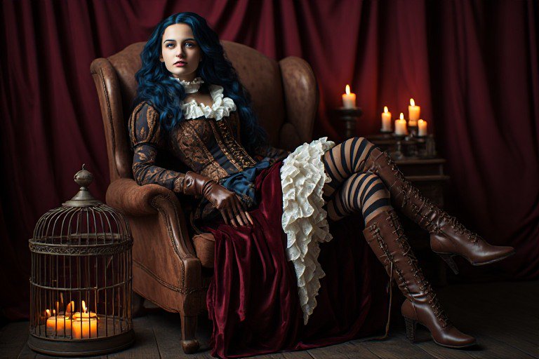 Gothic woman with long wavy blue hair in period renaissance attire seated in a leather armchair i...