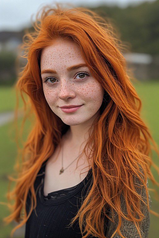 Close-up portrait of young woman with long windswept red hair, freckles, soft smile, standing out...