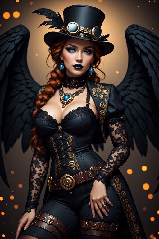 Steampunk fallen angel woman with black feathered wings, top hat with goggles, red braided hair, ...