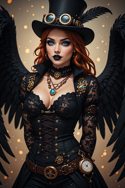 Steampunk winged woman portrait with red hair, top hat, brass goggles, black gothic attire, and l...