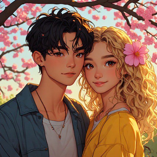 Anime illustration of a tender young romantic couple posing closely beneath blooming pink cherry ...