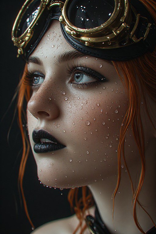 Close-up portrait of red-haired steampunk woman with brass goggles, glistening water droplets on ...