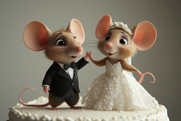 Adorable 3D mouse bride and groom wedding cake topper holding hands atop a frosted white cake sur...