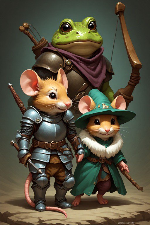 Anthropomorphic fantasy adventurer party: mouse knight, mouse wizard, and armored frog archer pos...