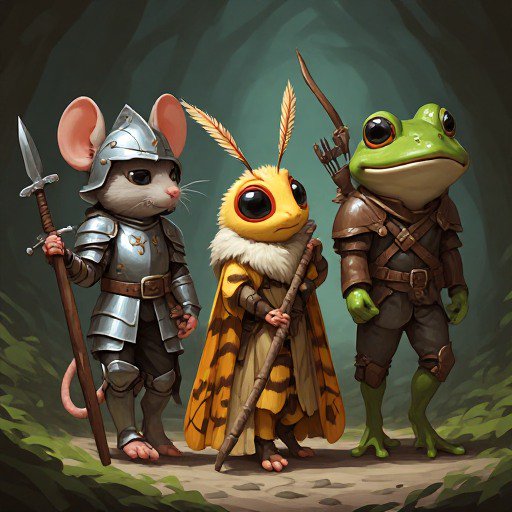 Three anthropomorphic fantasy adventurers: mouse knight, moth mage, frog archer, standing togethe...