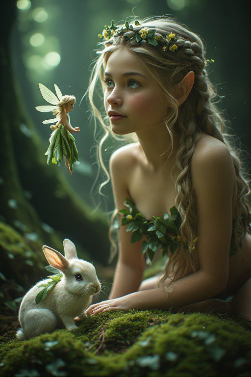 Young elven forest girl gazes at a tiny winged fairy beside a white rabbit in a sunlit mossy ench...