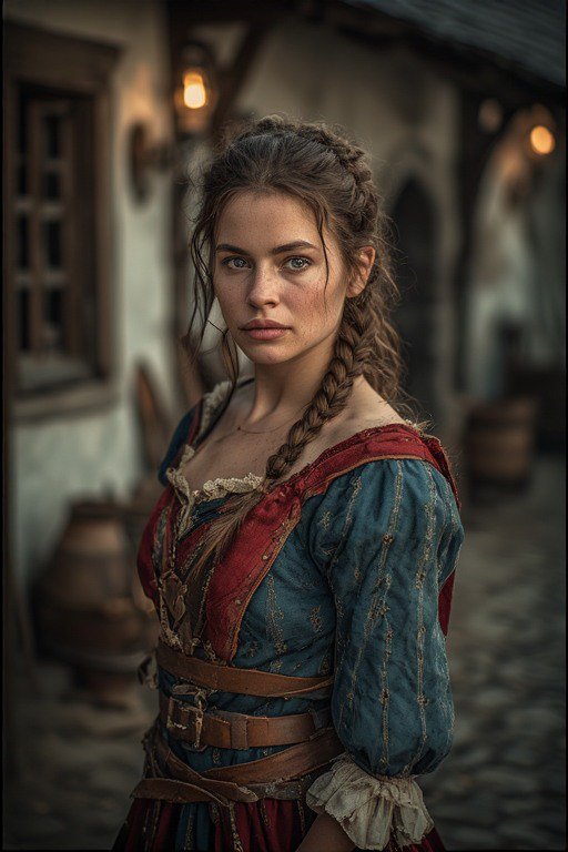 Cinematic portrait of a young medieval woman with braided hair in period dress, standing on a cob...