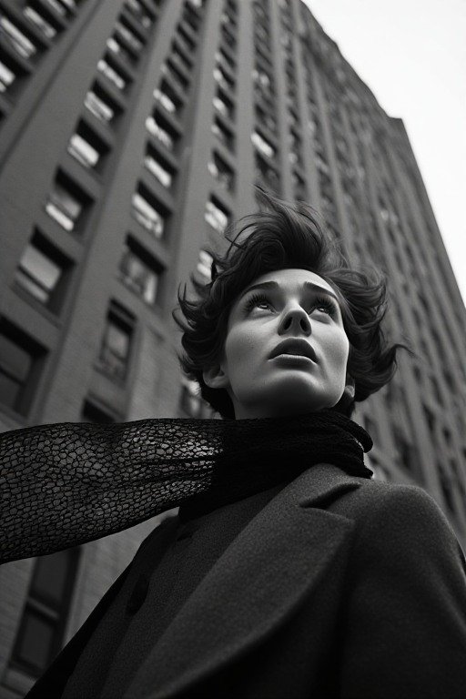 Low-angle black and white portrait of a windswept woman looking up, standing before a tall city s...